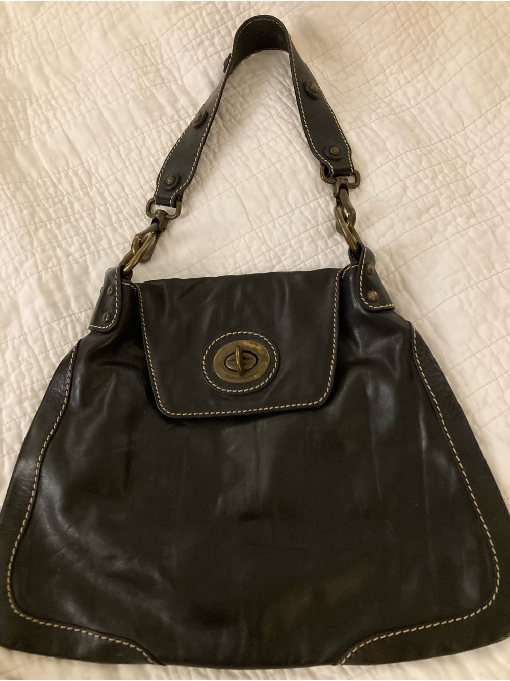 Francesco Biasia Black Leather Shoulder Bag with Brass Turn-Lock